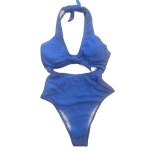 Textured Halter Cutout One Piece Swimsuit Blue Bow Tie Women's Swimwear Small